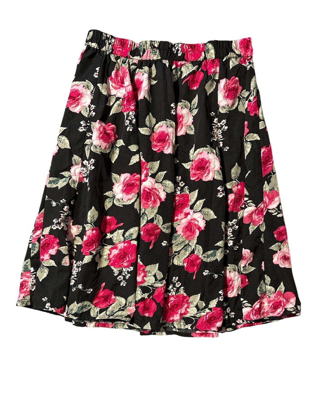 Floral Midi Skirt in Black with Pink Roses